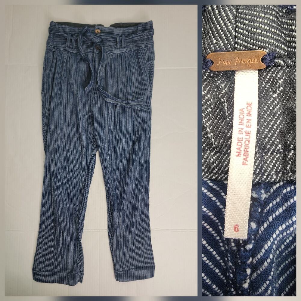 Free People Harem Pants SZ 6 Cotton Yarn Dye Navy Striped Tie Button Pleated - Picture 2 of 12
